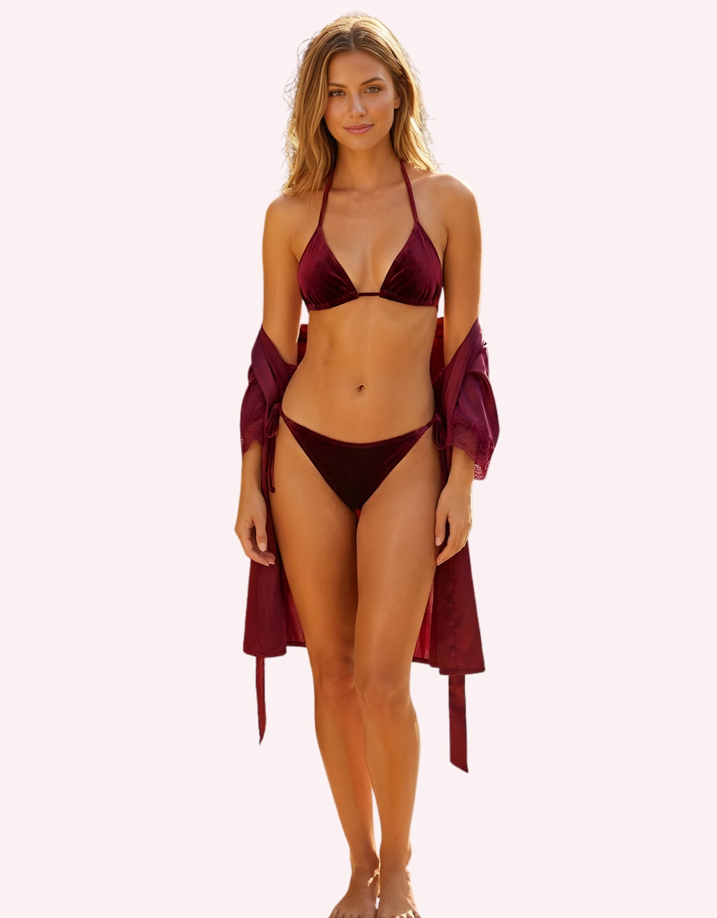 Maroon Satin 3-Piece Nightwear Set