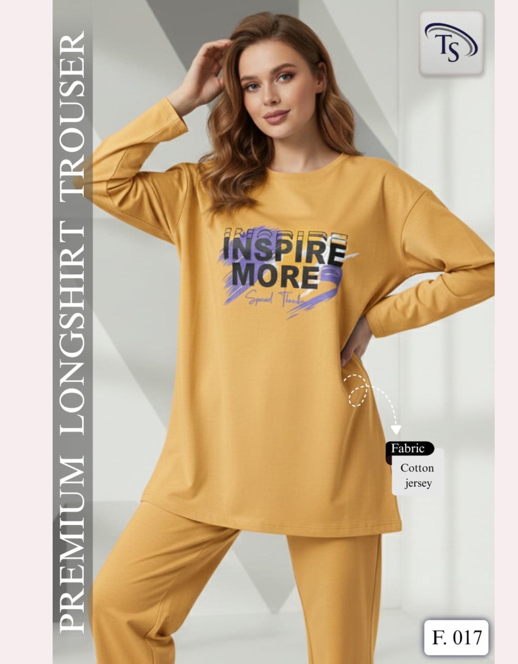 Premium Cotton Jersey Long Shirt & Trouser Night Dress Set - Mustard