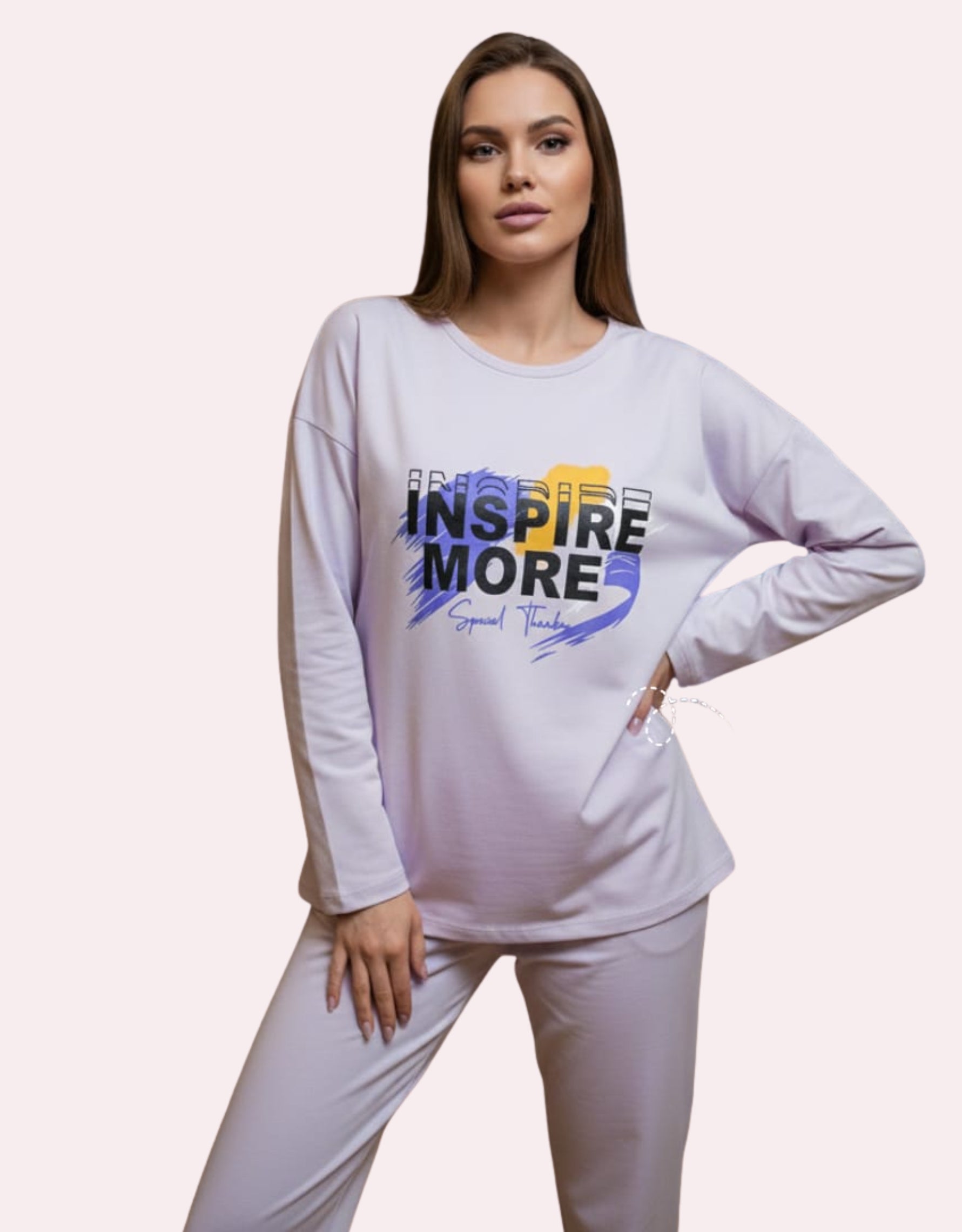 Premium Cotton Jersey Long Shirt & Trouser Night Dress Set - Lilac