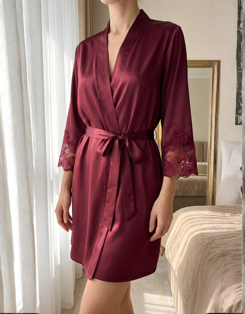 Maroon Satin 3-Piece Nightwear Set